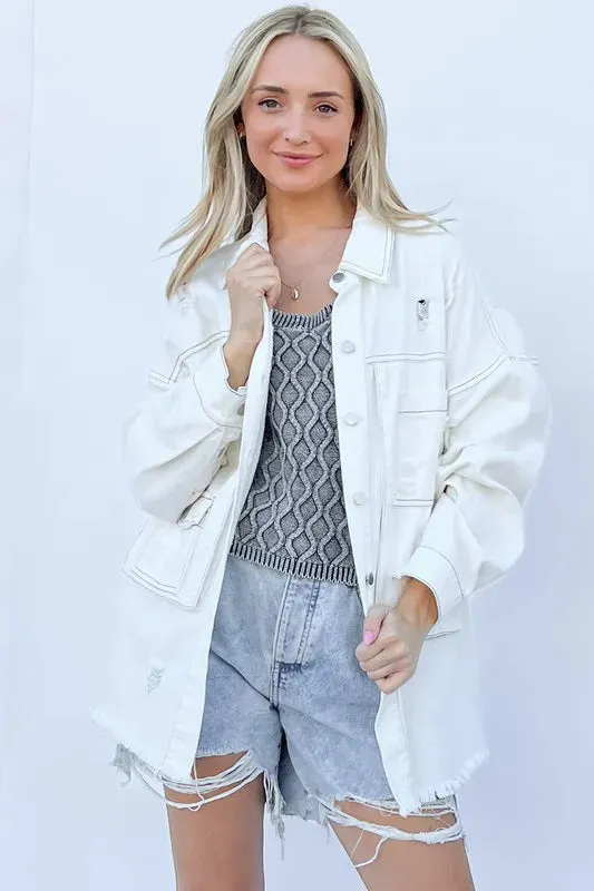 And The Why Distressed and Washed Button Down Denim Shacket
