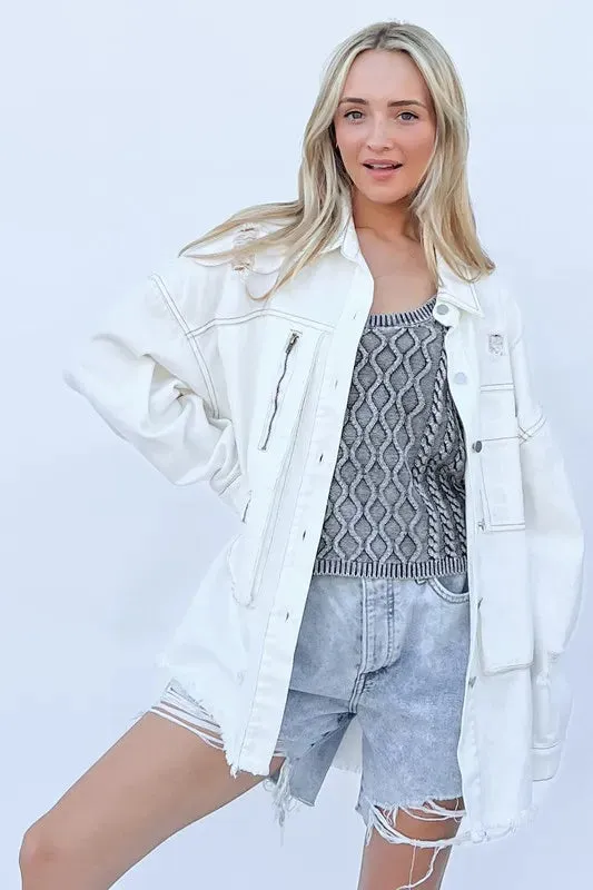 And The Why Distressed and Washed Button Down Denim Shacket