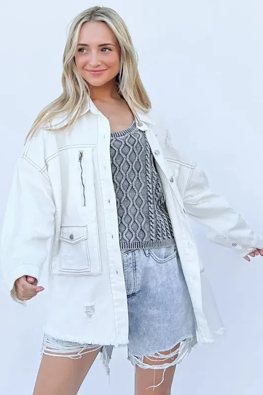 And The Why Distressed and Washed Button Down Denim Shacket