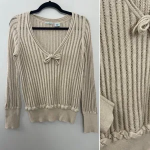 Anthropologie Guinevere Classic Feminine Cotton Cashmere Tan Bow Sweater M