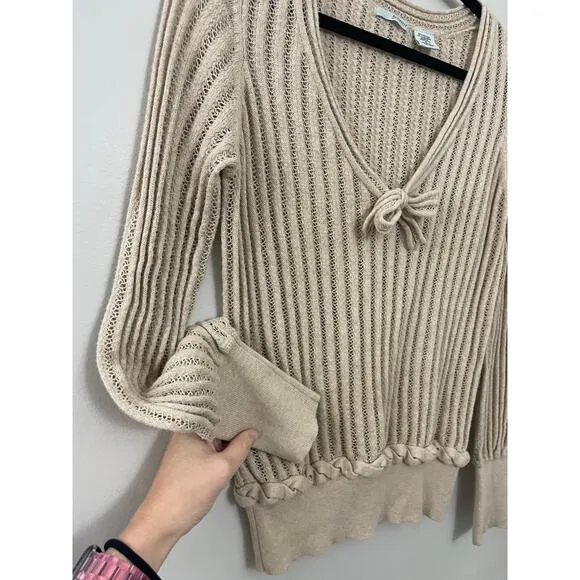 Anthropologie Guinevere Classic Feminine Cotton Cashmere Tan Bow Sweater M