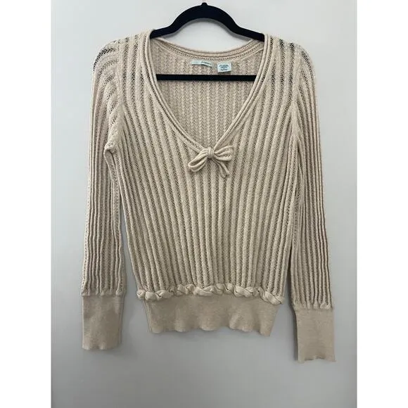 Anthropologie Guinevere Classic Feminine Cotton Cashmere Tan Bow Sweater M