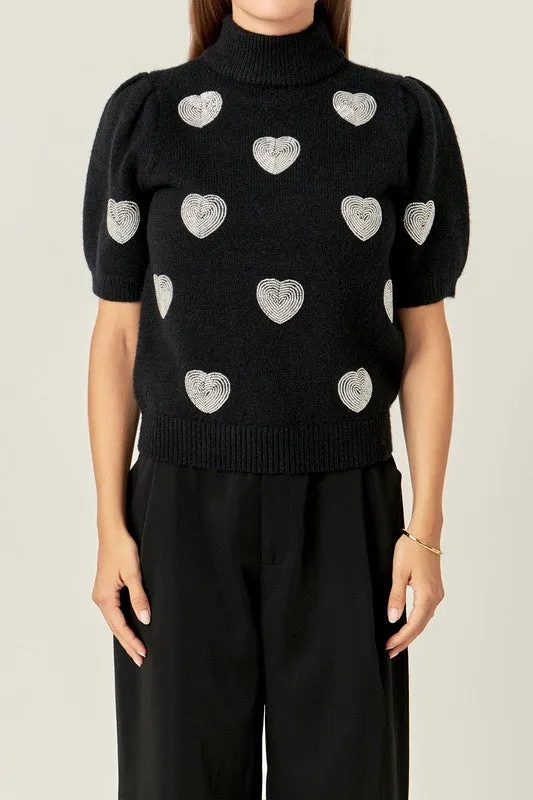 Beaded Heart Puff Sleeve Knit