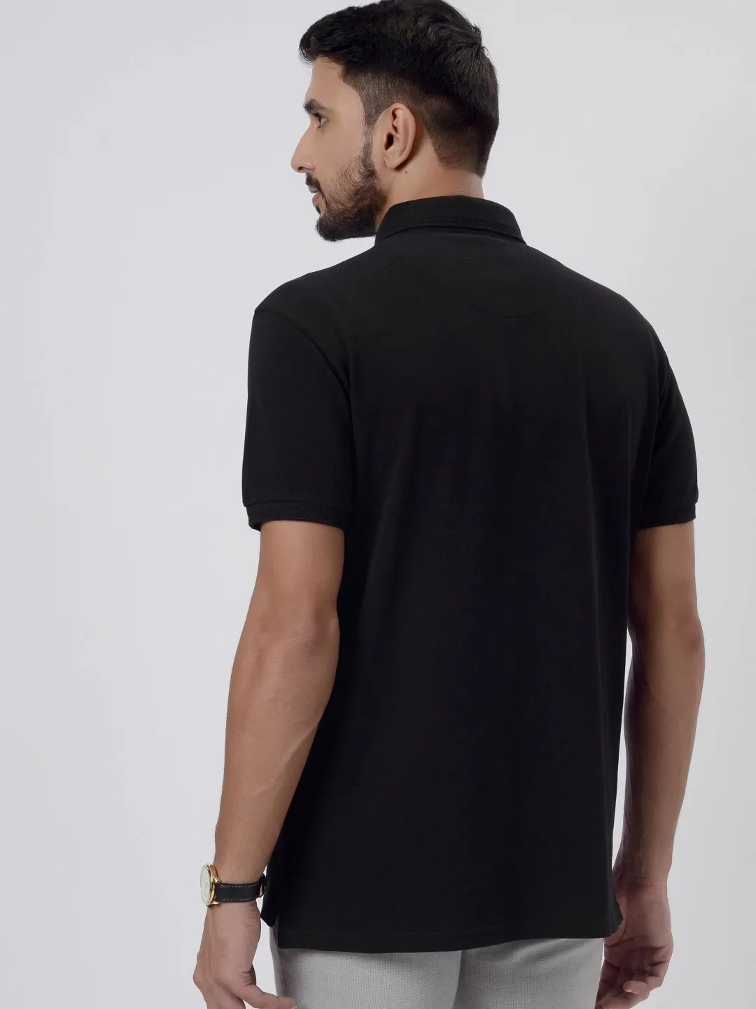 Black & Musturd Solid Slim Fit Polo T-Shirt | JadeBlue