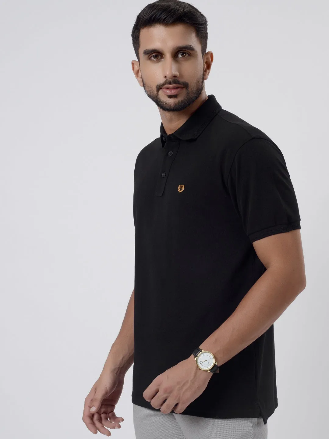 Black & Musturd Solid Slim Fit Polo T-Shirt | JadeBlue