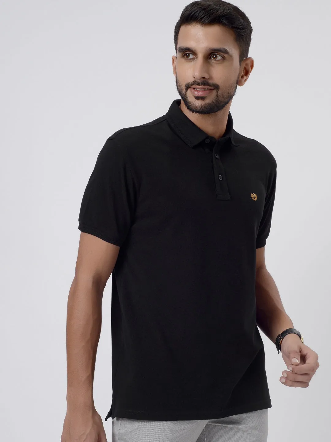 Black & Musturd Solid Slim Fit Polo T-Shirt | JadeBlue