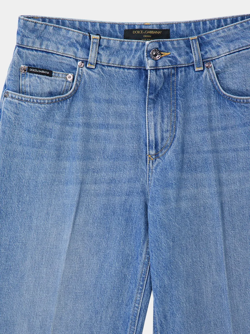 Blue Loose Denim Jeans with Pressed Pleat