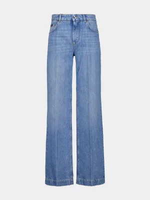 Blue Loose Denim Jeans with Pressed Pleat