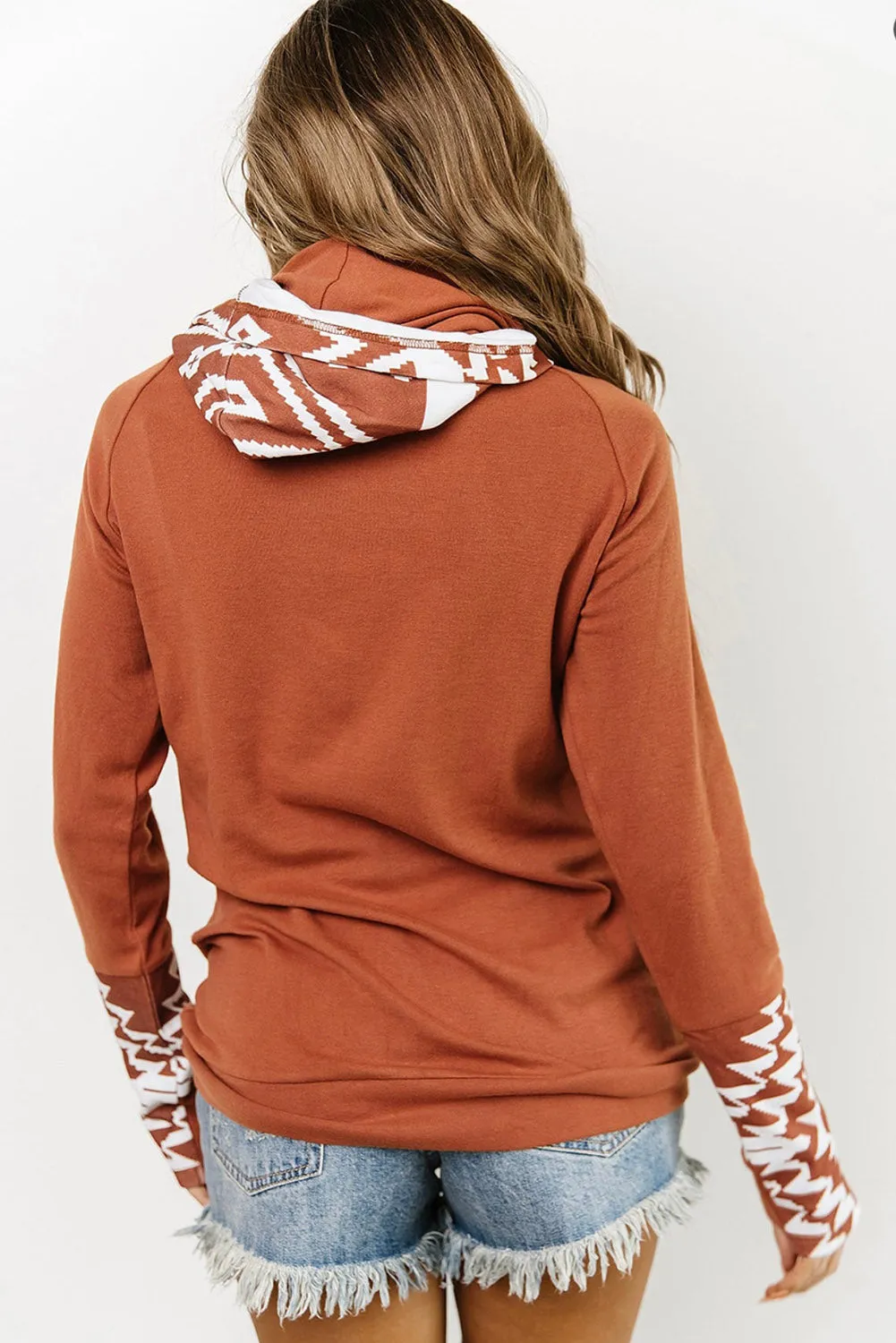 Brown Aztec Print Patchwork Double Hood Sweatshirt