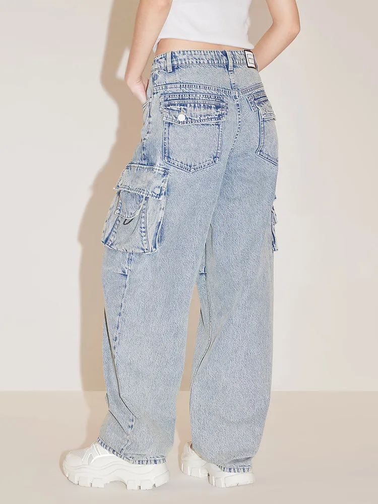 Cargo Style Pockets Straight Jeans
