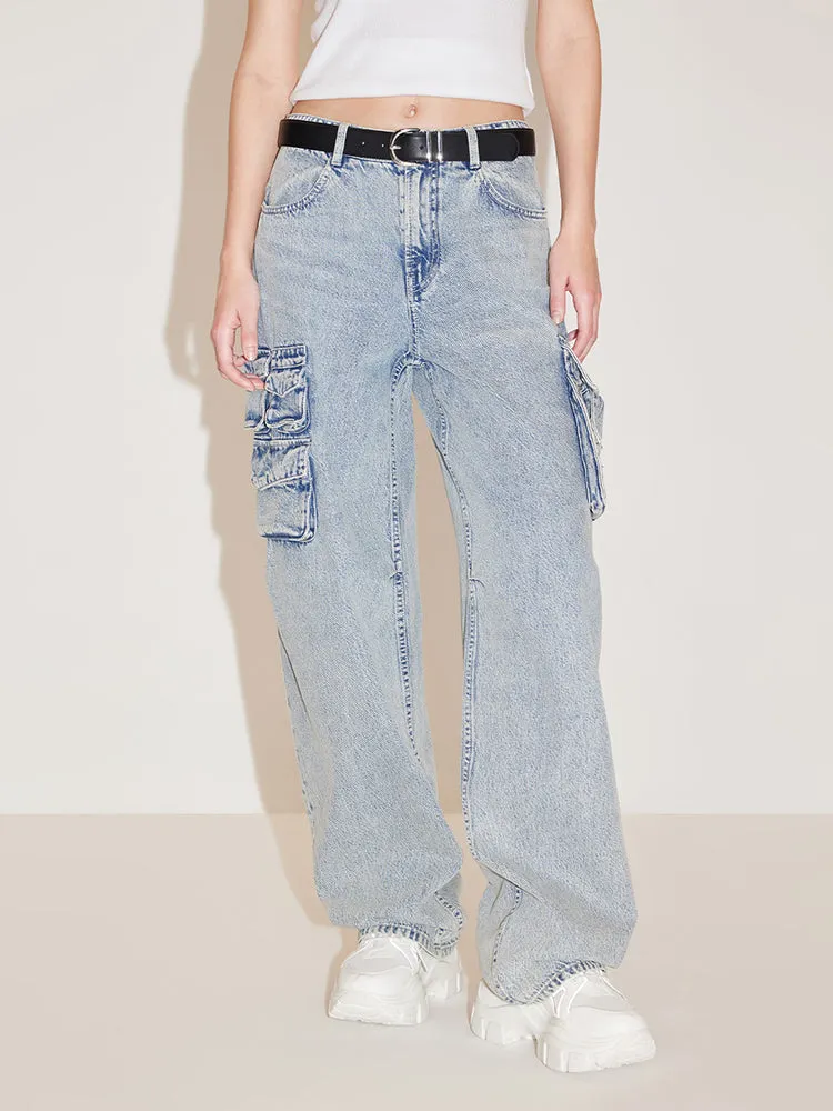 Cargo Style Pockets Straight Jeans