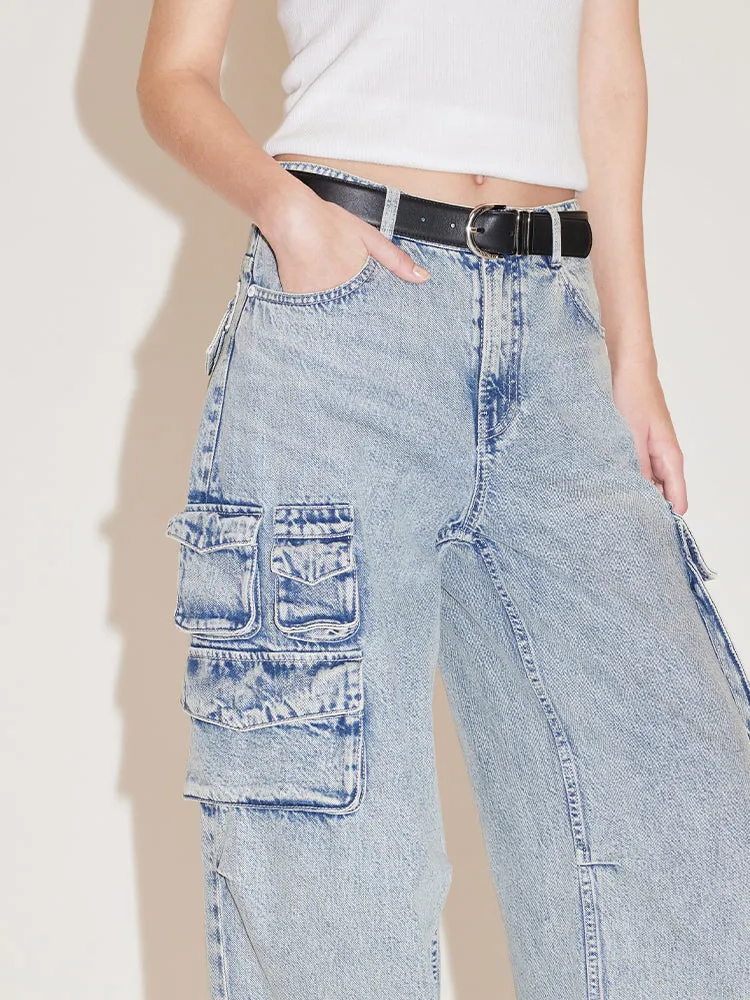 Cargo Style Pockets Straight Jeans