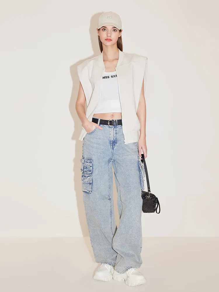 Cargo Style Pockets Straight Jeans