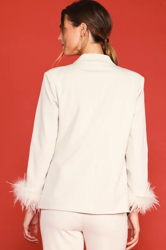 Cream Feather Cuff Blazer