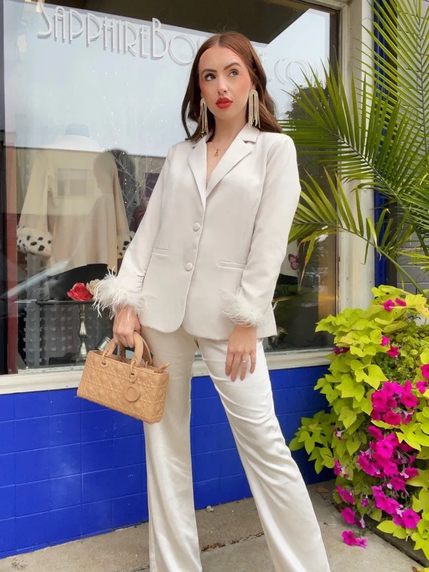Cream Feather Cuff Blazer