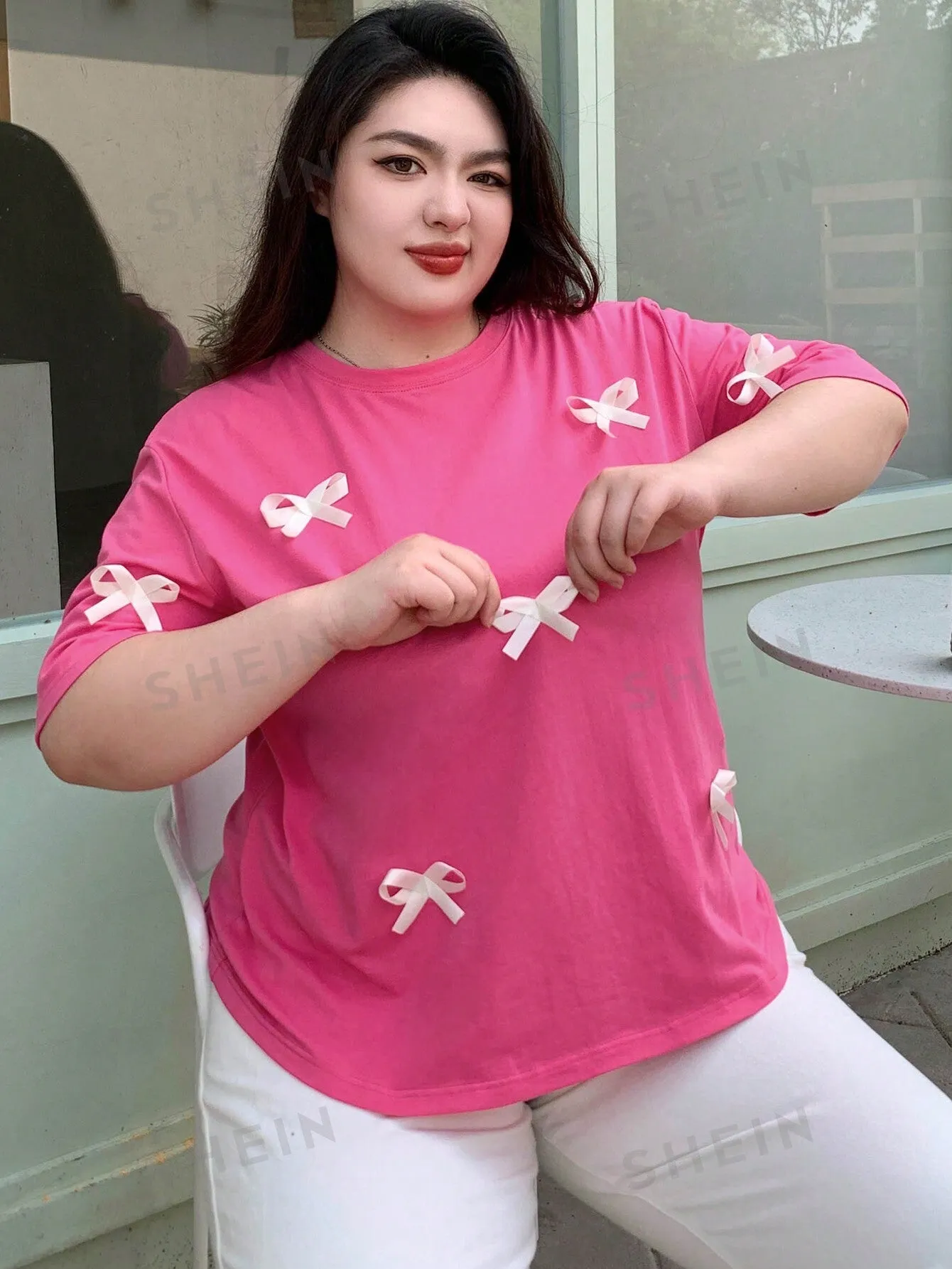 Dazy Plus Loose Pink Short Sleeve T-Shirt With Bow Decoration