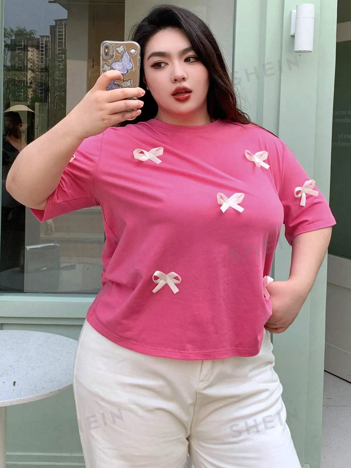Dazy Plus Loose Pink Short Sleeve T-Shirt With Bow Decoration