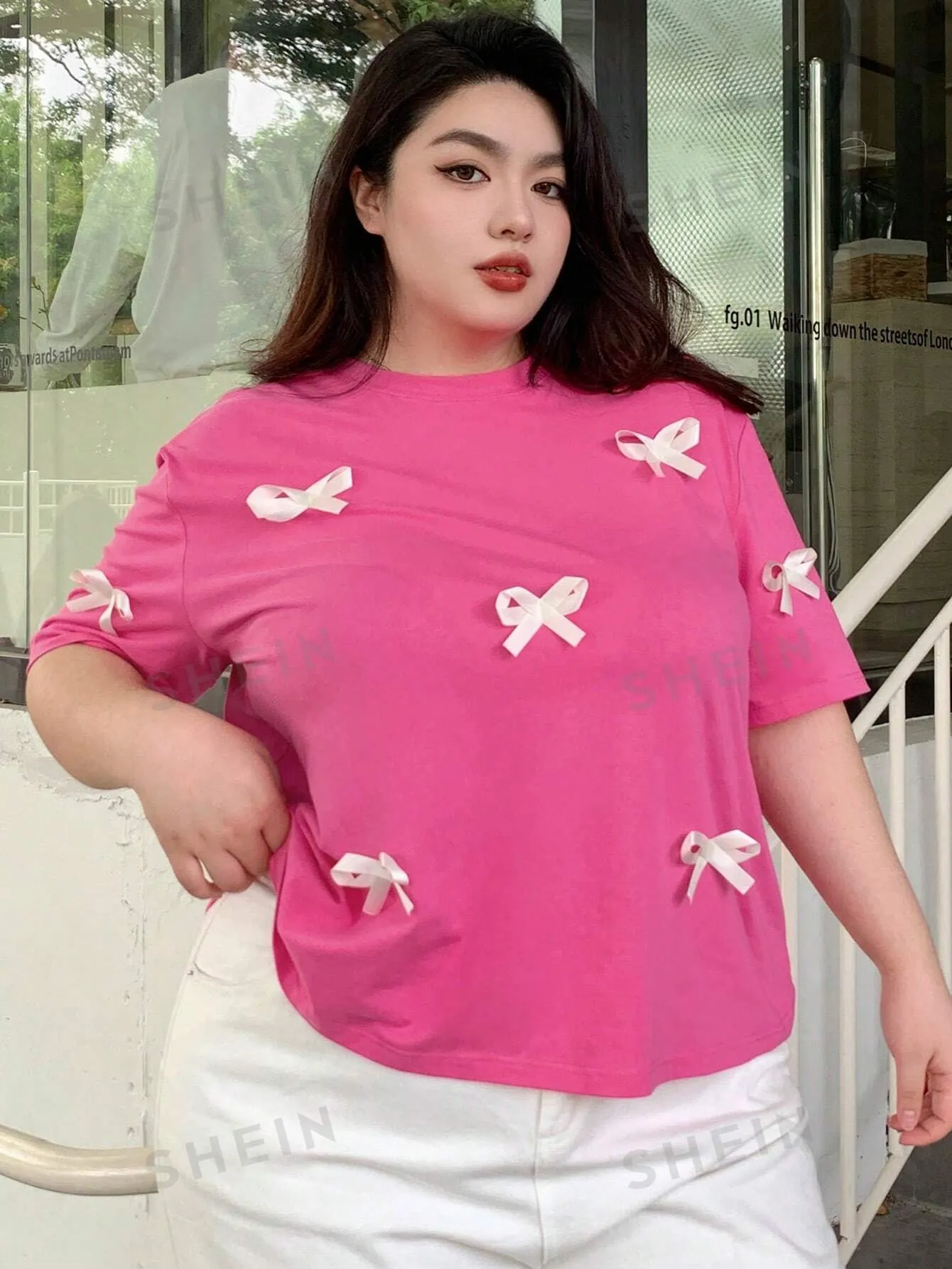 Dazy Plus Loose Pink Short Sleeve T-Shirt With Bow Decoration