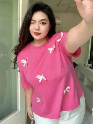 Dazy Plus Loose Pink Short Sleeve T-Shirt With Bow Decoration