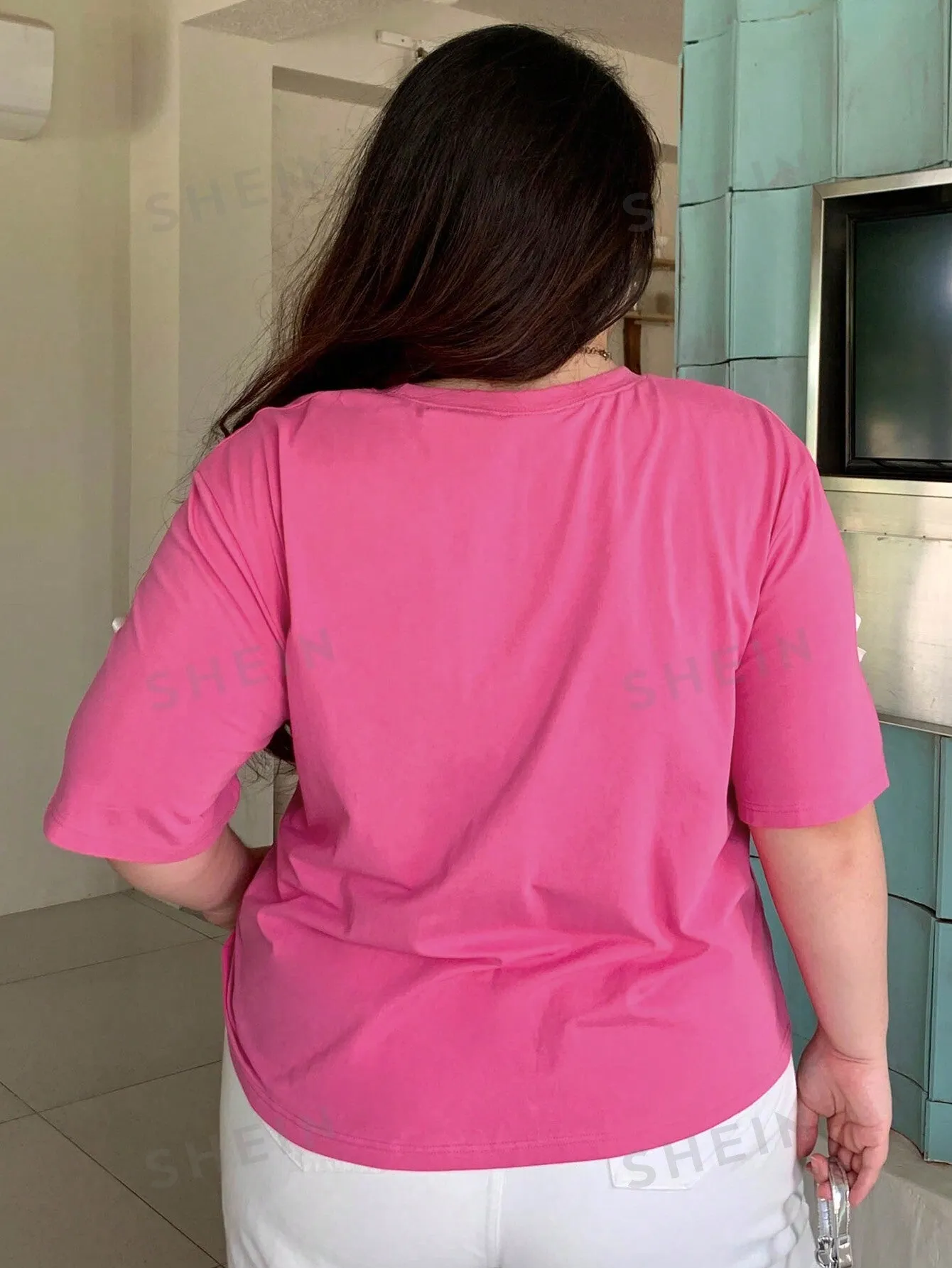 Dazy Plus Loose Pink Short Sleeve T-Shirt With Bow Decoration
