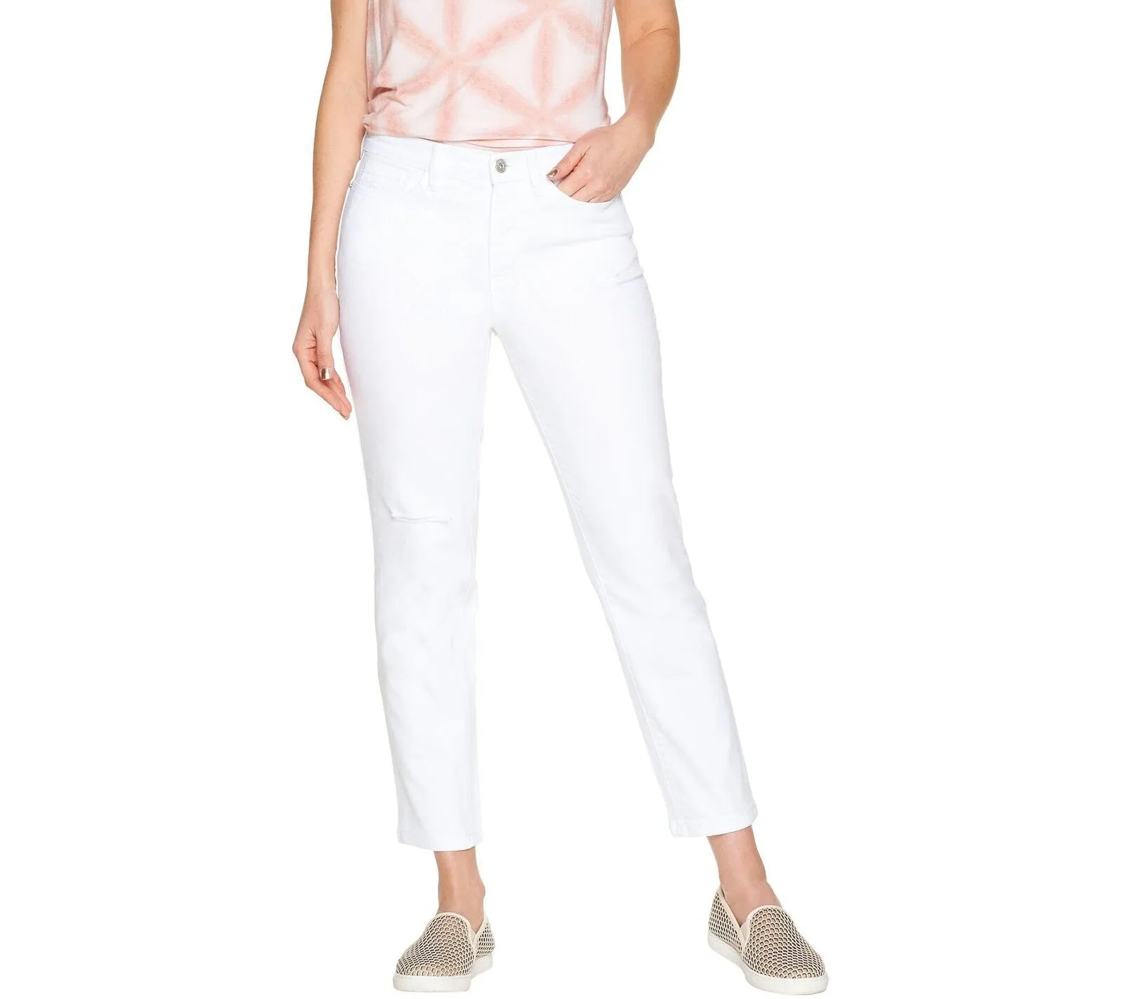 Denim & Co. Womens Distressed Classic Denim Ankle Jeans A304477-Petite White 14P