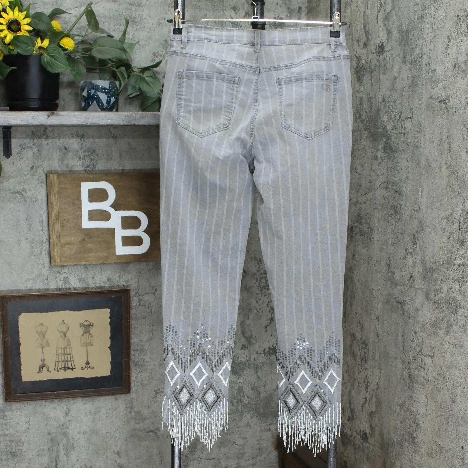 DG2 by Diane Gilman Embroidered Jeans with Bead Fringe Light Gray 8
