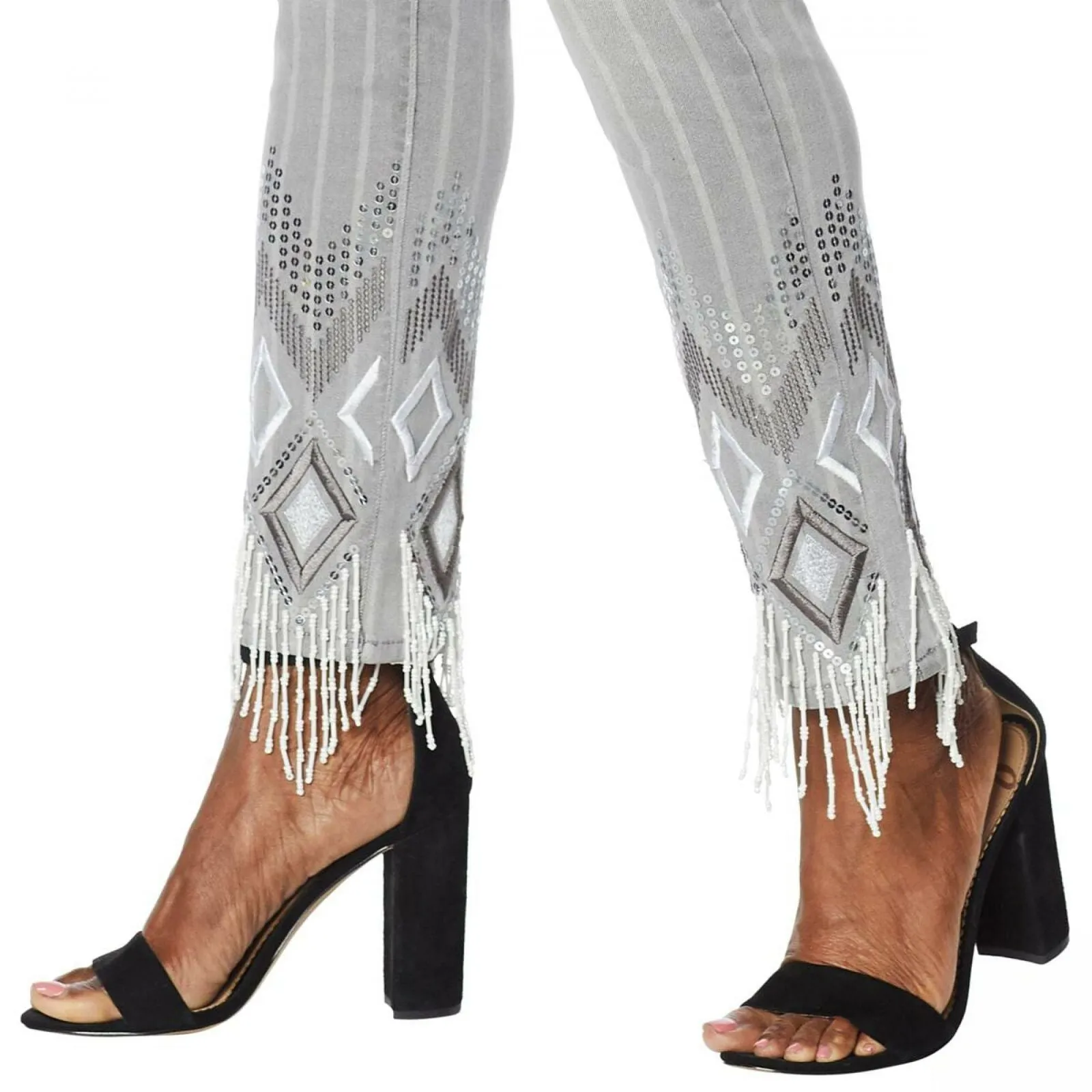 DG2 by Diane Gilman Embroidered Jeans with Bead Fringe Light Gray 8