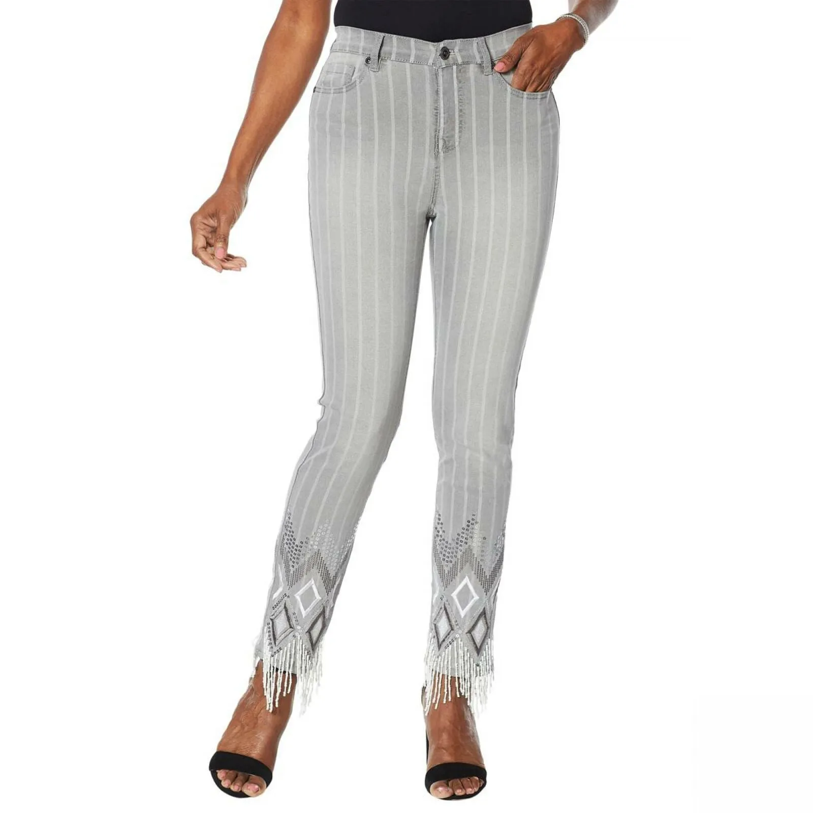 DG2 by Diane Gilman Embroidered Jeans with Bead Fringe Light Gray 8
