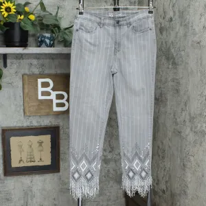 DG2 by Diane Gilman Embroidered Jeans with Bead Fringe Light Gray 8
