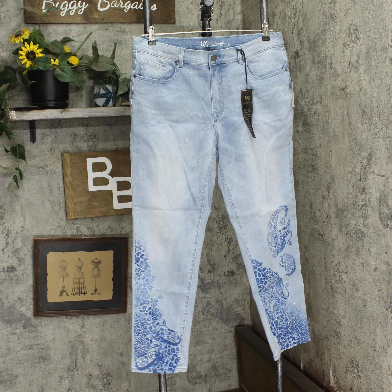 DG2 Womens Classic Stretch Artwork Printed Jean Chambray Paisley Spot Blue 16