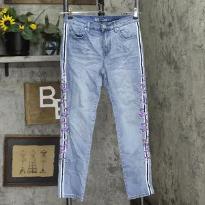 DG2 Womens Classic Stretch Embroidered Stripe Skinny Jeans Chambray Blue 4
