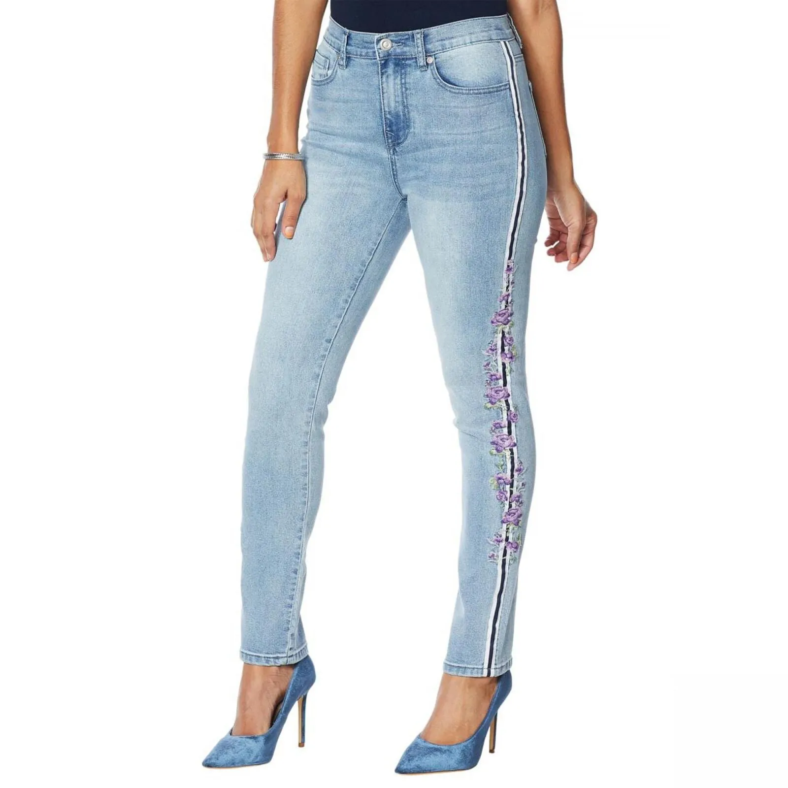 DG2 Womens Classic Stretch Embroidered Stripe Skinny Jeans Chambray Blue 4