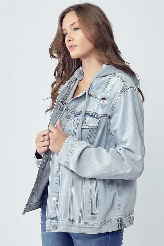 Distressed Hooded Denim Jacket – Laid-Back with Street