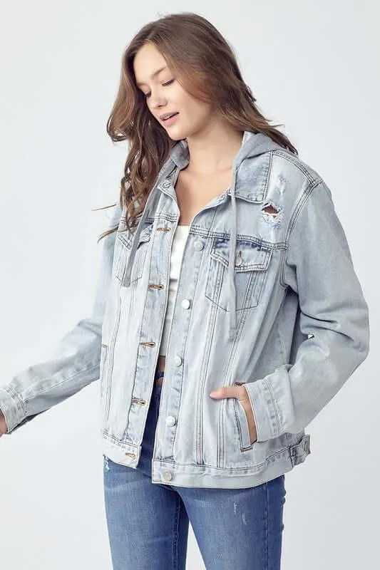 Distressed Hooded Denim Jacket – Laid-Back with Street