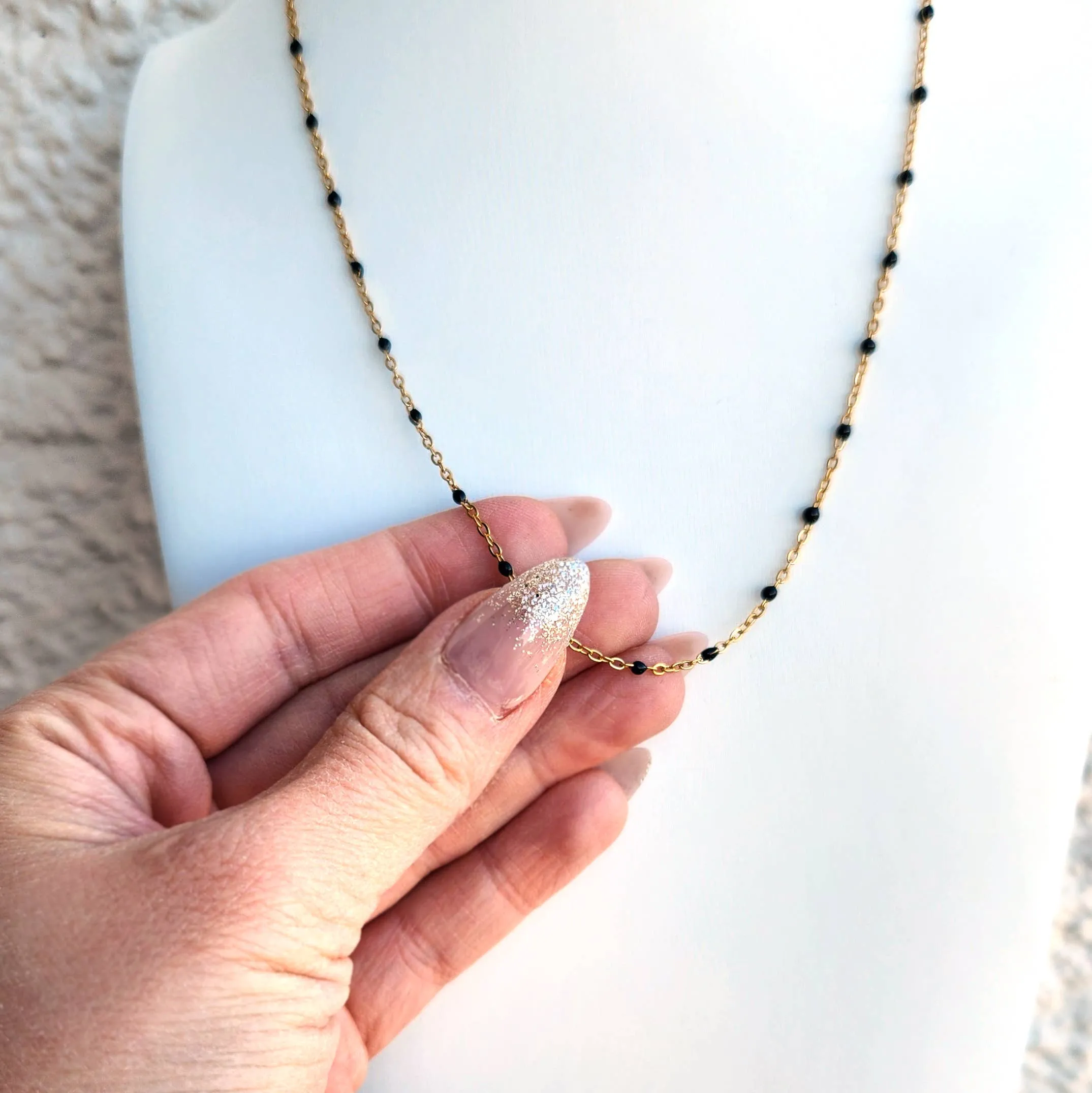 Dotted Black Enamel Chain Necklace