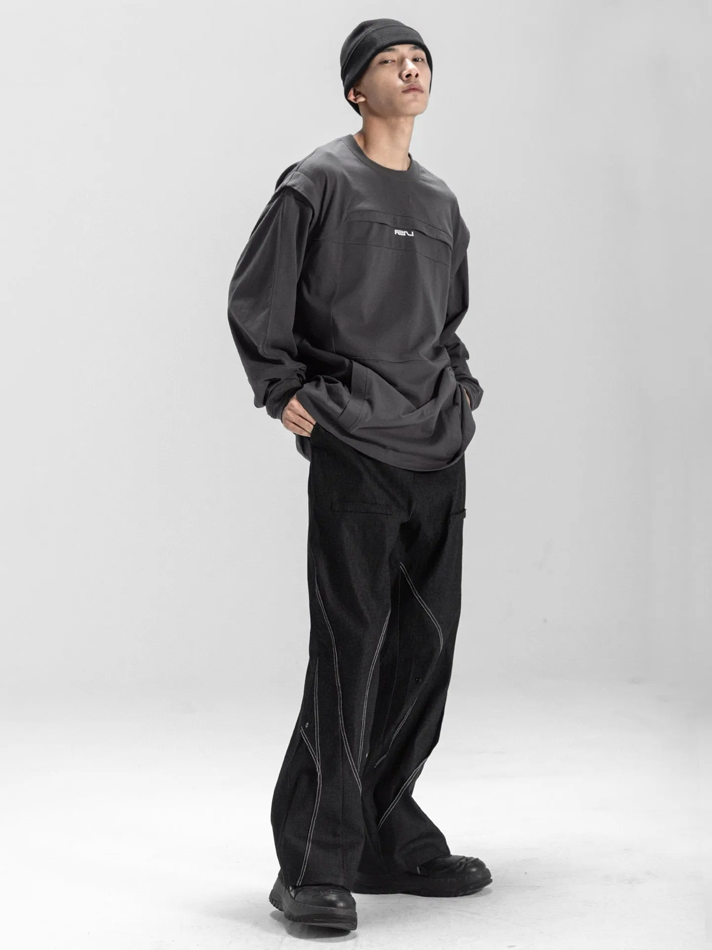 Double Layer Structured Contrast Stitch Wide-Leg Jeans