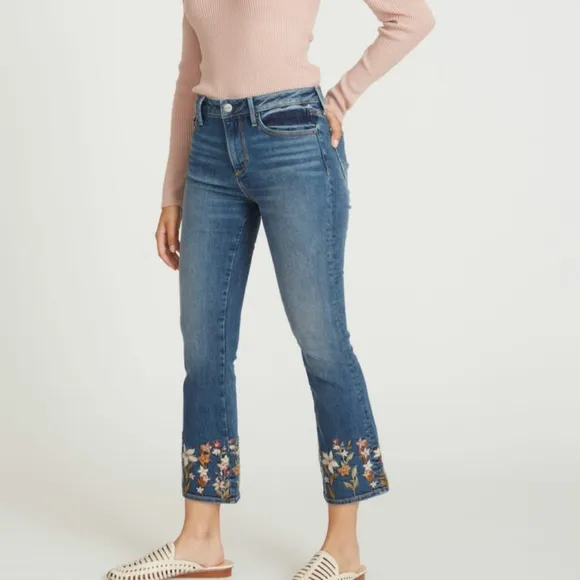 Driftwood Roxy High-Rise Crop Floral Embroidered Boot Flare Jeans Size 30