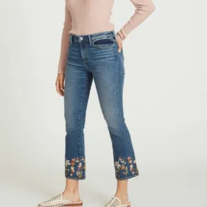 Driftwood Roxy High-Rise Crop Floral Embroidered Boot Flare Jeans Size 30