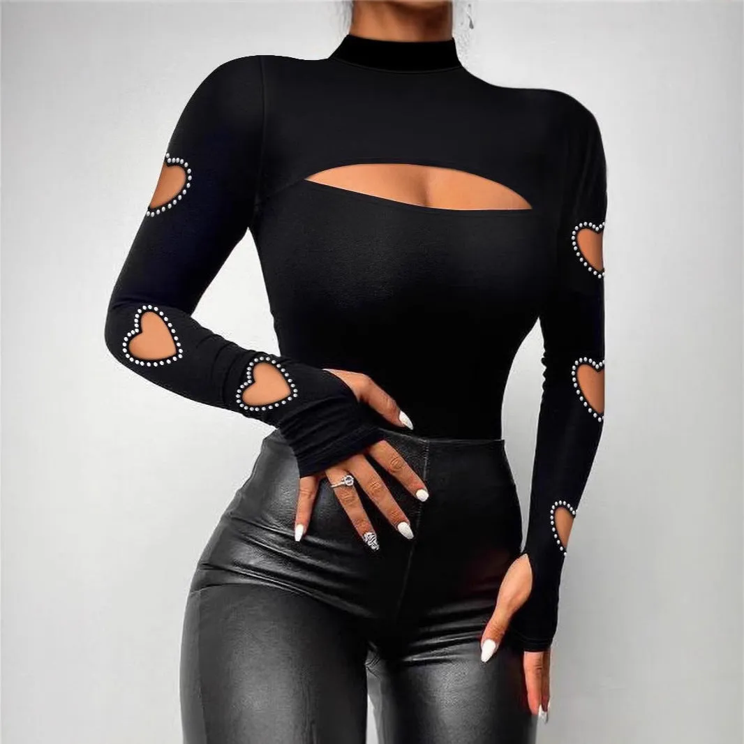 Edgy Cut-Out Mock Neck Long Sleeve Top with Rhinestone Heart Details