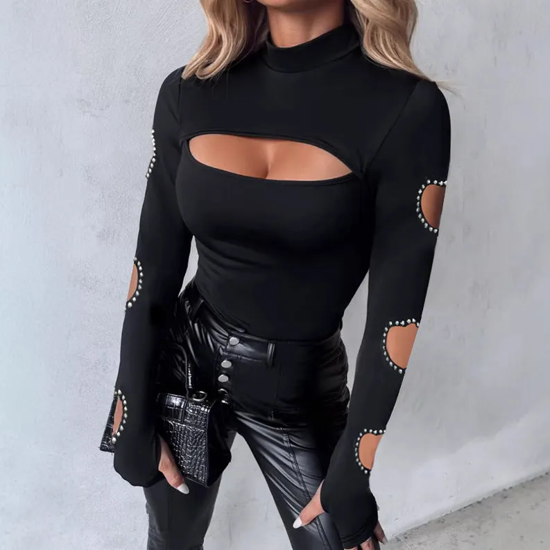 Edgy Cut-Out Mock Neck Long Sleeve Top with Rhinestone Heart Details