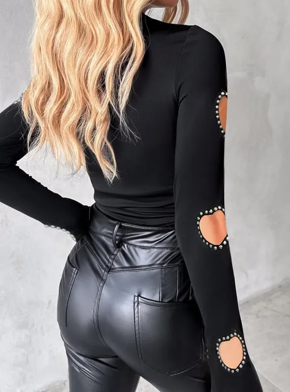 Edgy Cut-Out Mock Neck Long Sleeve Top with Rhinestone Heart Details