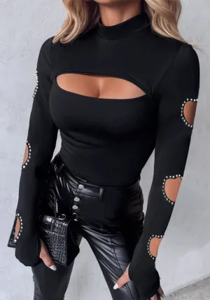Edgy Cut-Out Mock Neck Long Sleeve Top with Rhinestone Heart Details