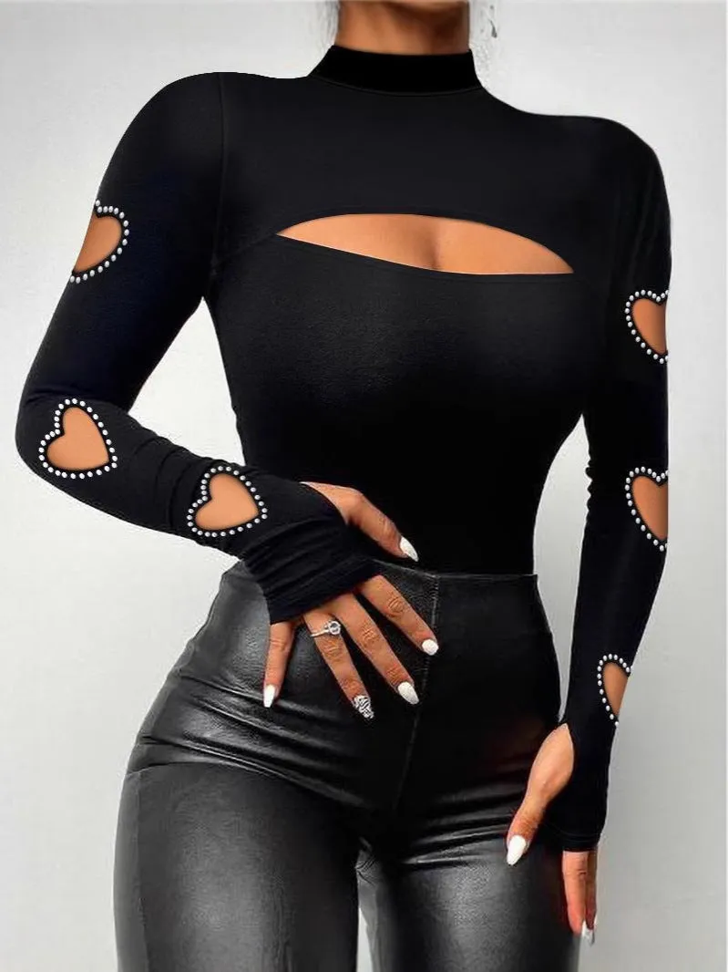 Edgy Cut-Out Mock Neck Long Sleeve Top with Rhinestone Heart Details