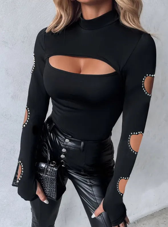 Edgy Cut-Out Mock Neck Long Sleeve Top with Rhinestone Heart Details