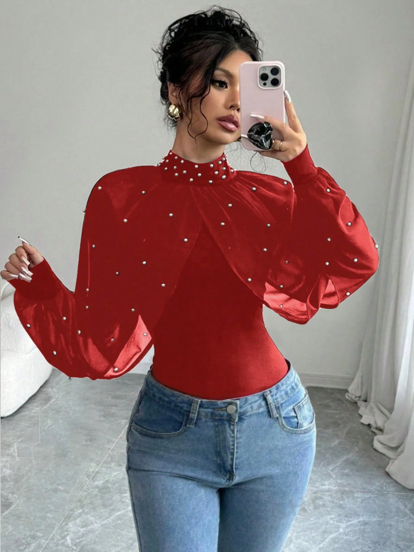 Elenzga Women Pearl Decor Stand Collar Mesh Contrast Long Sleeve Elegant Blouse, For Autumn