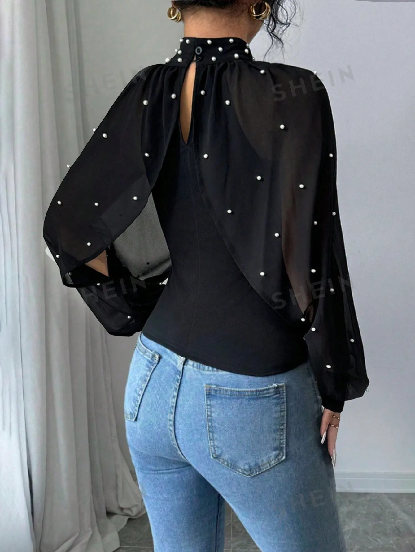 Elenzga Women Pearl Decor Stand Collar Mesh Contrast Long Sleeve Elegant Blouse, For Autumn