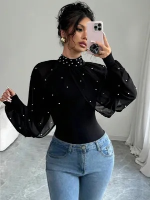 Elenzga Women Pearl Decor Stand Collar Mesh Contrast Long Sleeve Elegant Blouse, For Autumn