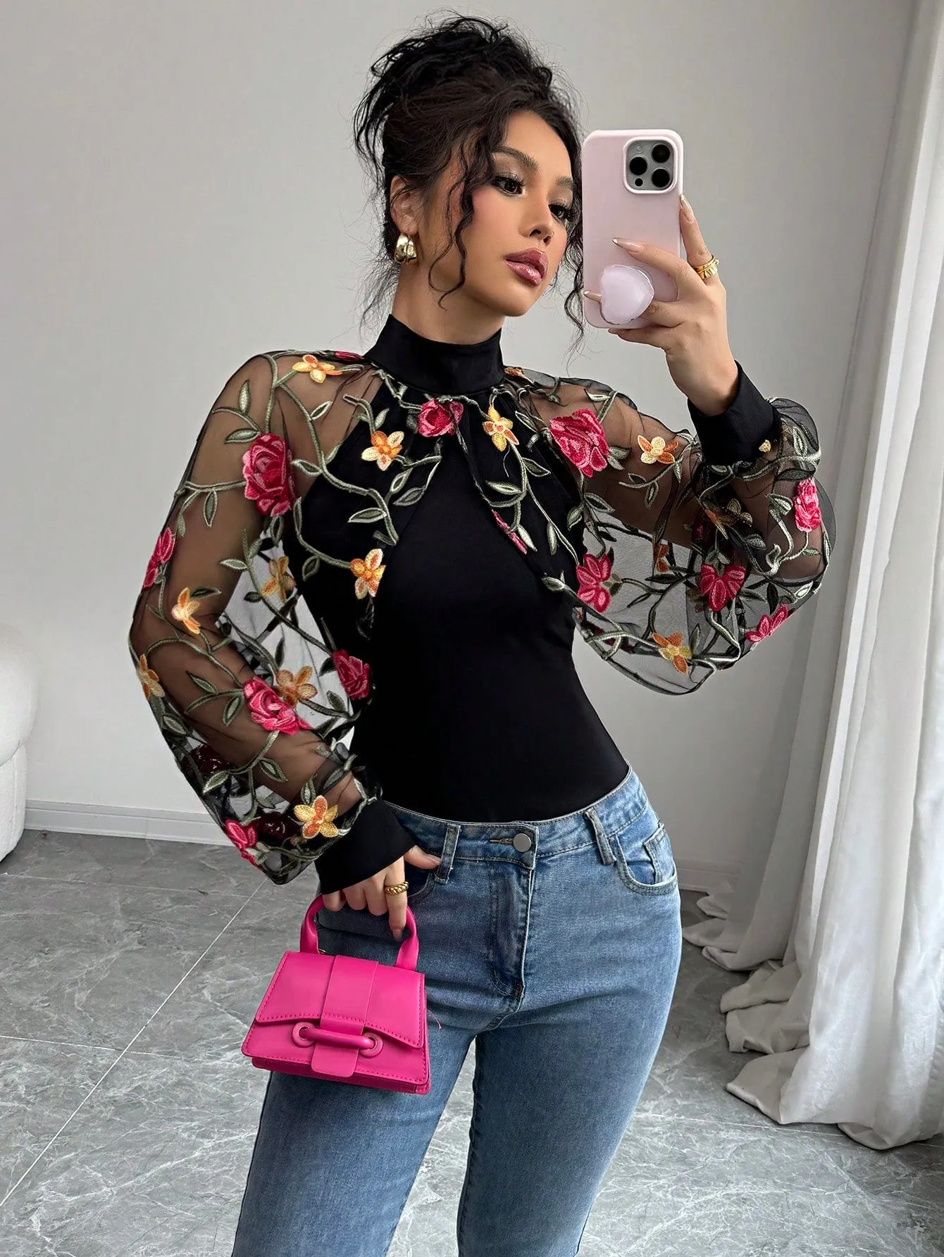 Elenzga Women Pearl Decor Stand Collar Mesh Contrast Long Sleeve Elegant Blouse, For Autumn