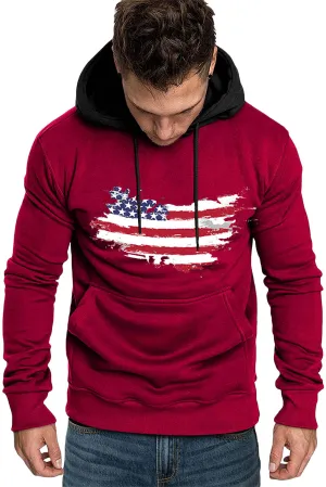 Fiery Red US Flag Print Pocketed Long Sleeve Men's Hoodie