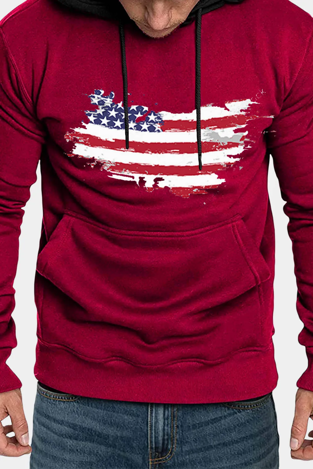 Fiery Red US Flag Print Pocketed Long Sleeve Men's Hoodie